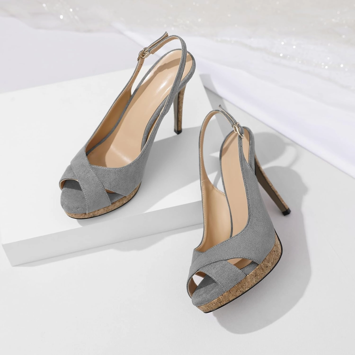 Esvowido Women's Peep Toe High Heels Slingback Cork Heel Platform Stilettos Heeled Sandals Wedding Party Dress Shoes