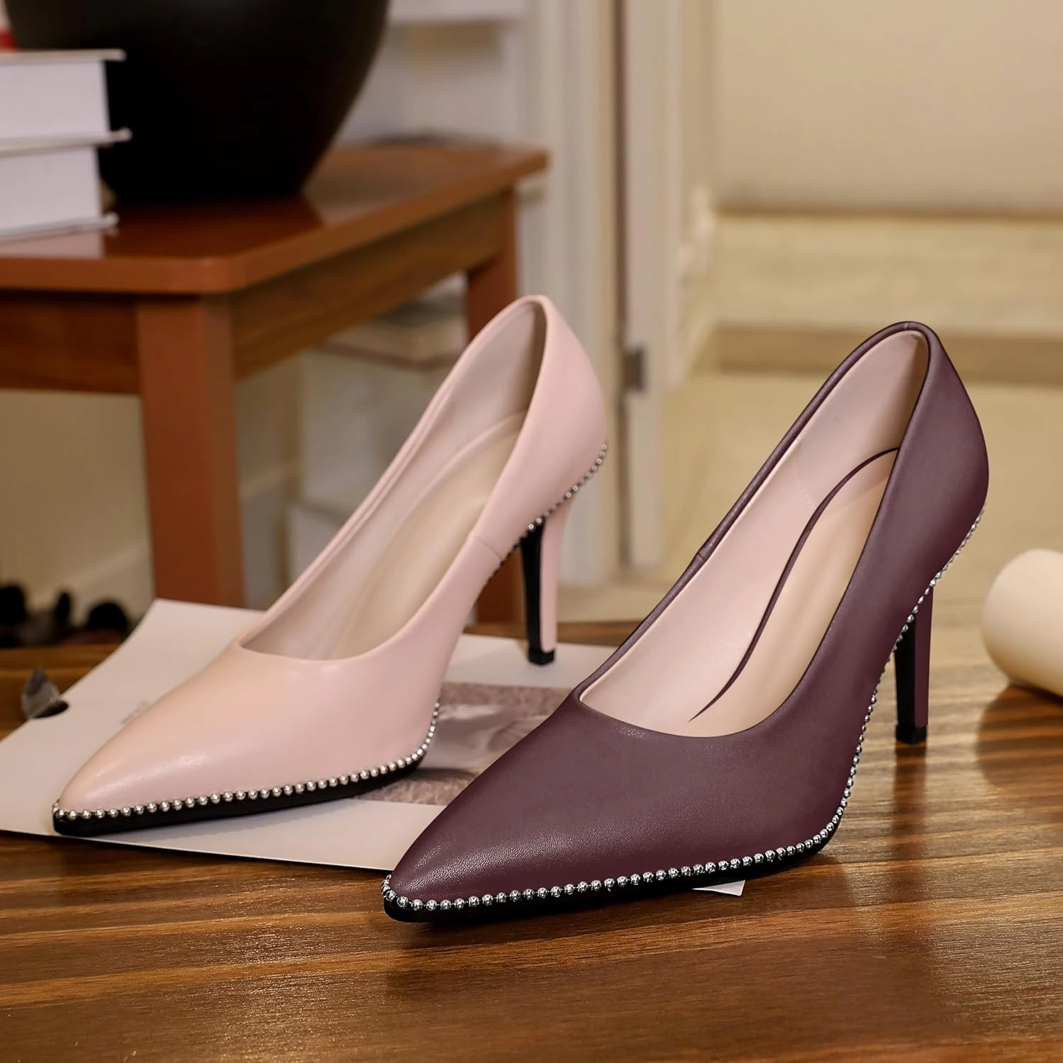 Esvowido Women's Stiletto High Heels Slip on Pumps Closed Pointed Toe Beaded Pump Shoes Casual Party Dress Shoes 3.5 Inch
