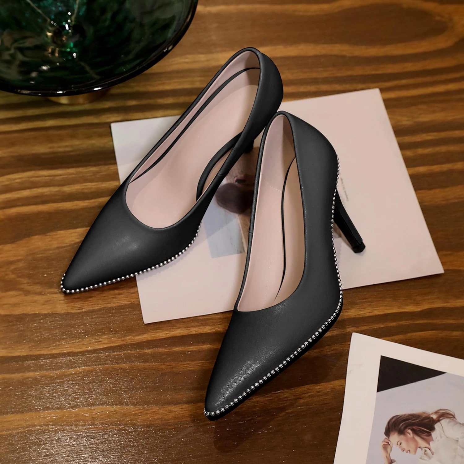 Esvowido Women's Stiletto High Heels Slip on Pumps Closed Pointed Toe Beaded Pump Shoes Casual Party Dress Shoes 3.5 Inch