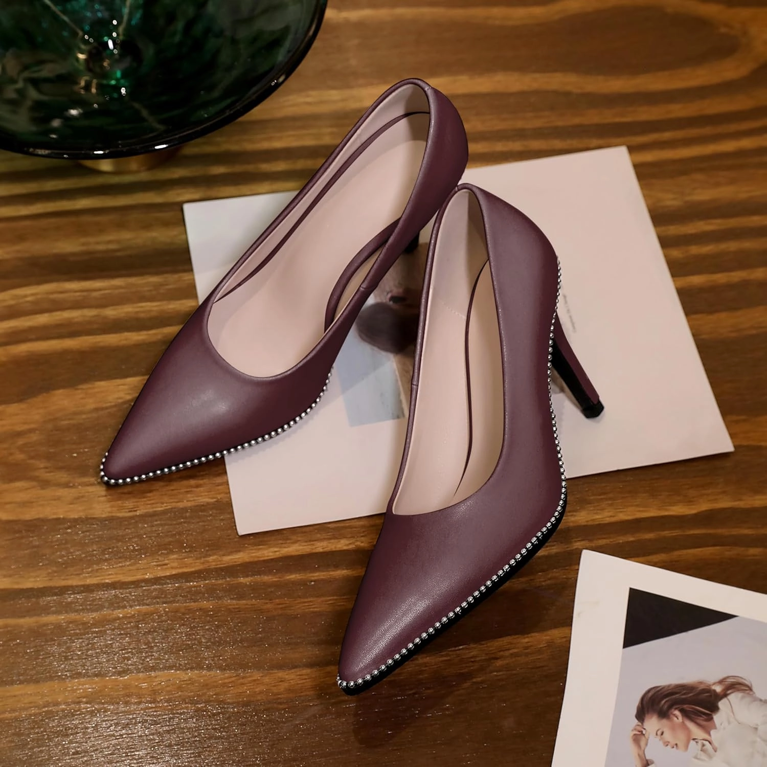 Esvowido Women's Stiletto High Heels Slip on Pumps Closed Pointed Toe Beaded Pump Shoes Casual Party Dress Shoes 3.5 Inch