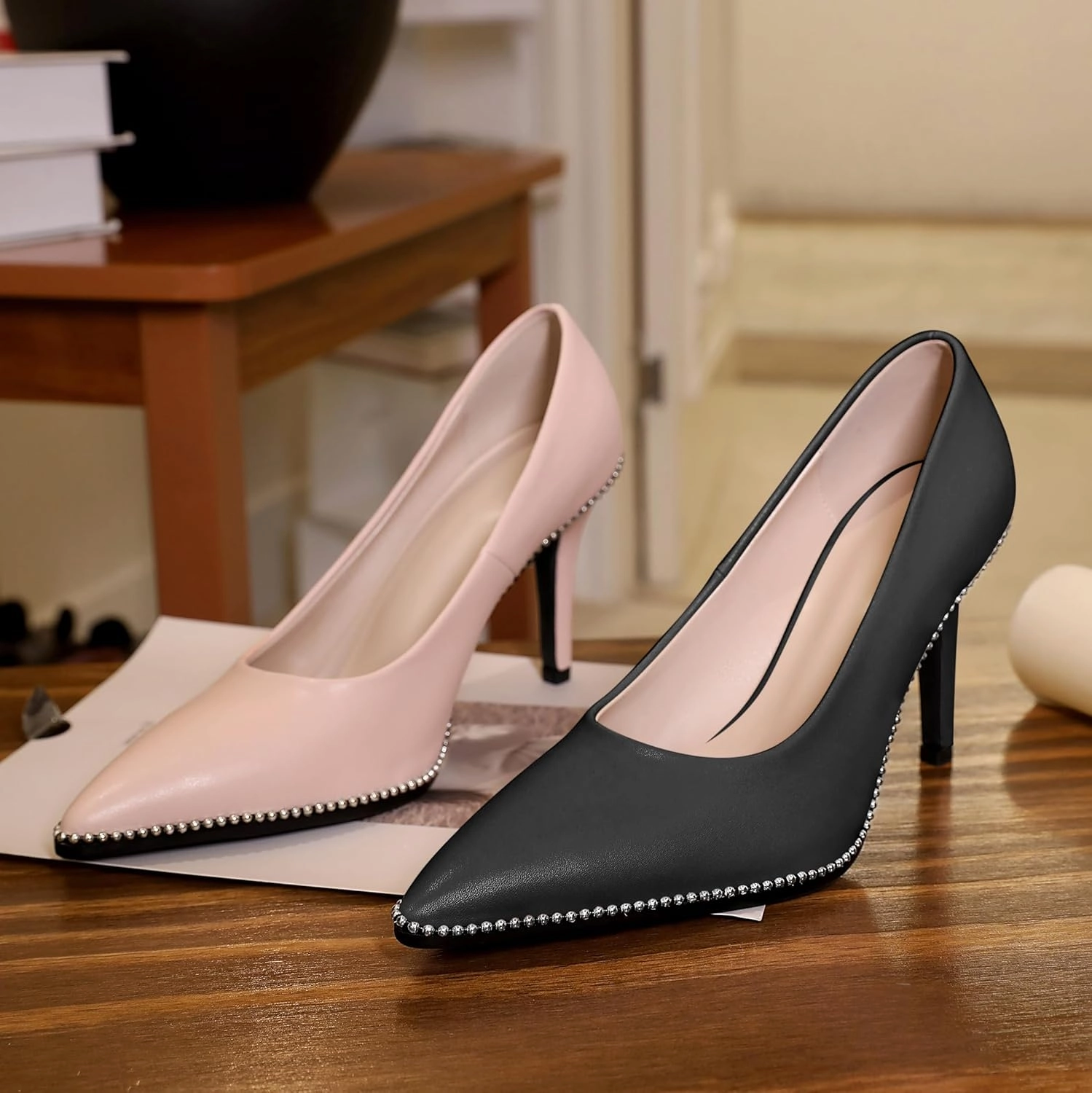 Esvowido Women's Stiletto High Heels Slip on Pumps Closed Pointed Toe Beaded Pump Shoes Casual Party Dress Shoes 3.5 Inch