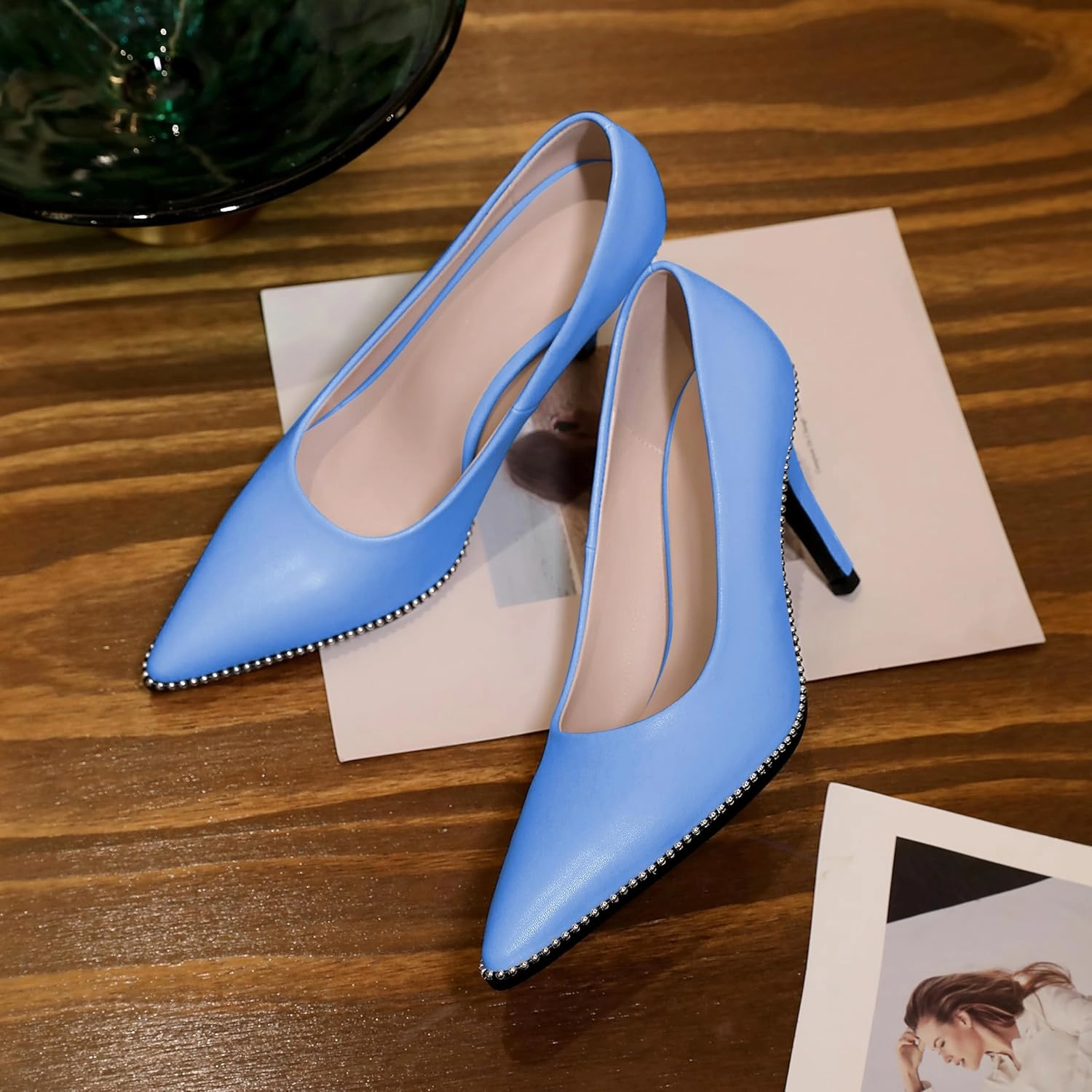 Esvowido Women's Stiletto High Heels Slip on Pumps Closed Pointed Toe Beaded Pump Shoes Casual Party Dress Shoes 3.5 Inch