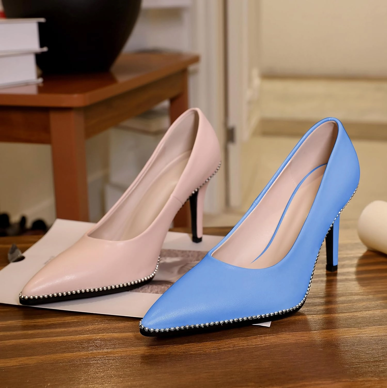 Esvowido Women's Stiletto High Heels Slip on Pumps Closed Pointed Toe Beaded Pump Shoes Casual Party Dress Shoes 3.5 Inch
