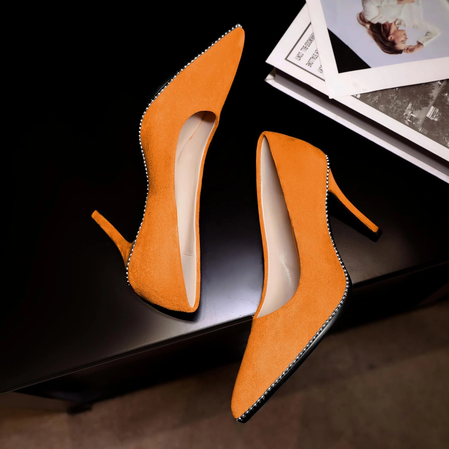 Esvowido Women's Stiletto High Heels Slip on Pumps Closed Pointed Toe Beaded Pump Shoes Casual Party Dress Shoes 3.5 Inch