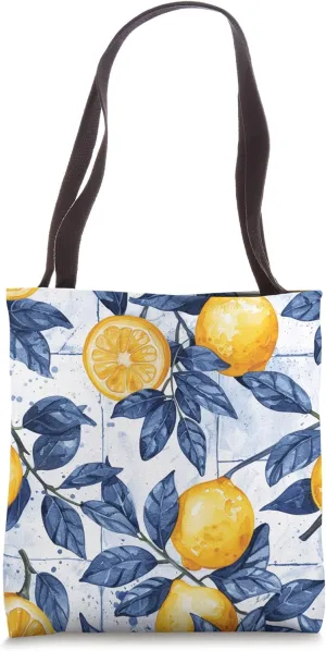 European Summer Italian Lemons Sicilian Citrus Blue Tiles Tote Bag