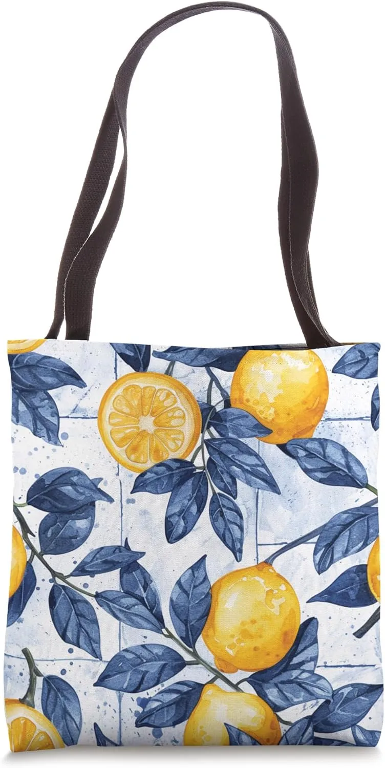 European Summer Italian Lemons Sicilian Citrus Blue Tiles Tote Bag
