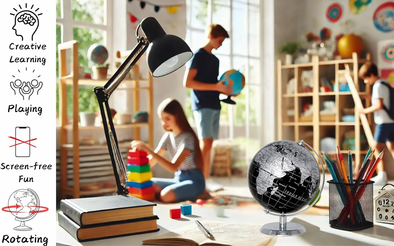 Exerz World Globe Black Dia 5.5-inch - Mini Educational Globe of Earth - Metal Base - Metallic Black