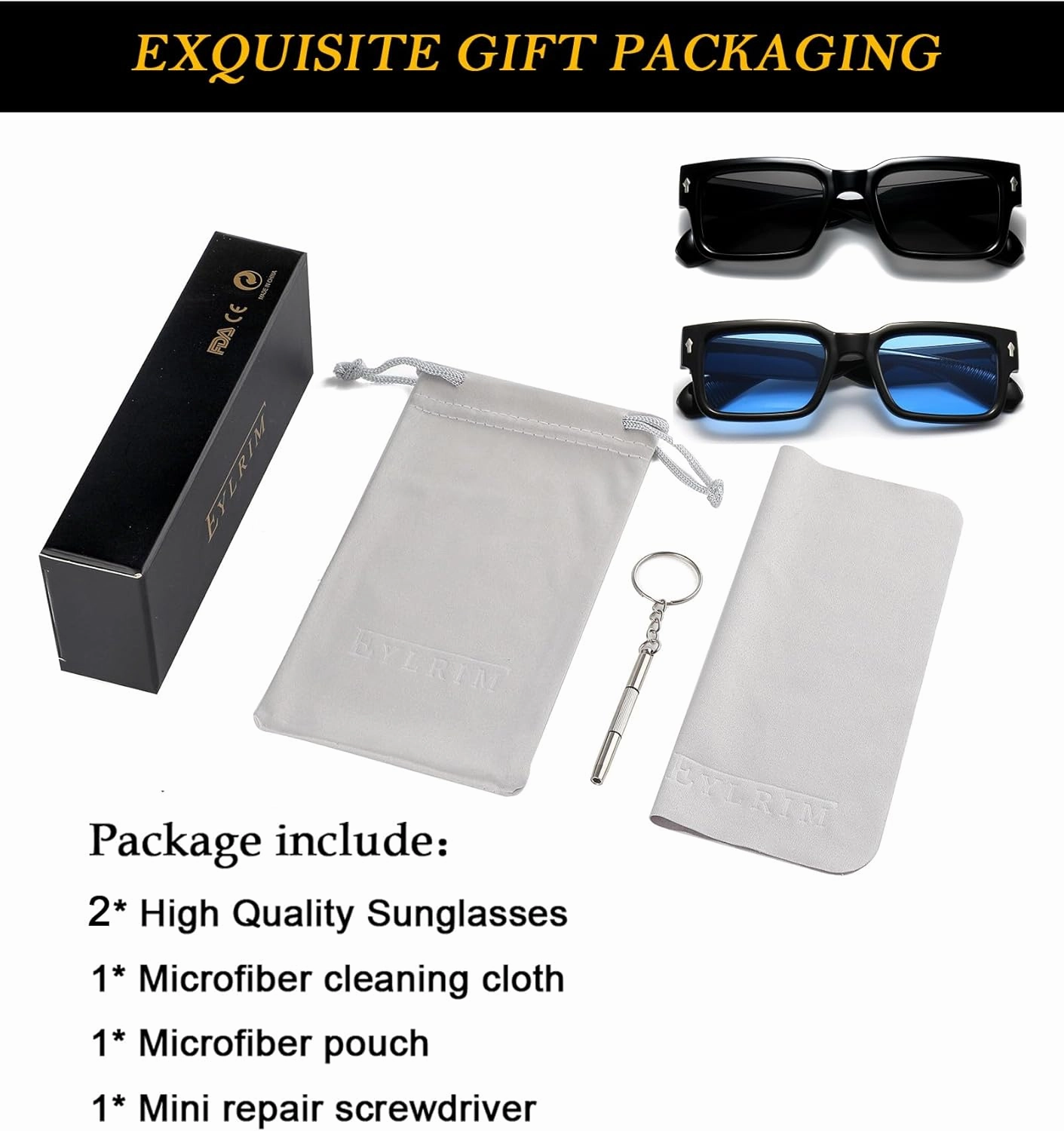 EYLRIM Square Frame Sunglasses for Women Men Trendy Chunky Rectangle Sun Glasses Black Shades UV400 Protection