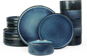 Famiware Star Plates and Bowls Sets, Modern Stoneware Dinnerware Sets for 6, 18-Piece Kitchen Dish Sets - Chip and Scratch Resistant, Microwave and Dishwasher Safe Tableware Set, Nebulas Blue