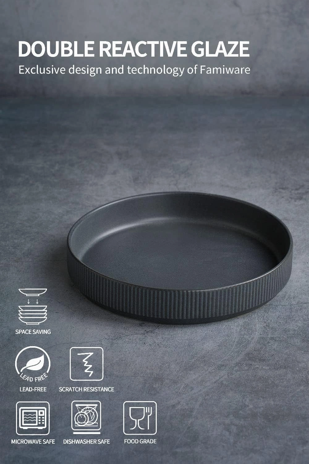 famiware Star 7.5" Pasta Bowls Set, Salad Bowl Set of 4, Double Reactive Glaze, Stackable, Ideal for Your Friend for Housewarming, Festivals, Matte Dark Charcoal (Full Glaze)