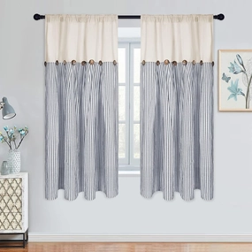 Farmhouse Cotton Linen Boho Curtains - Rustic Button Boho Style, Blue Stripe Color Block for Bedroom & Living Room (52 x 63 Inch, 2 Panels)