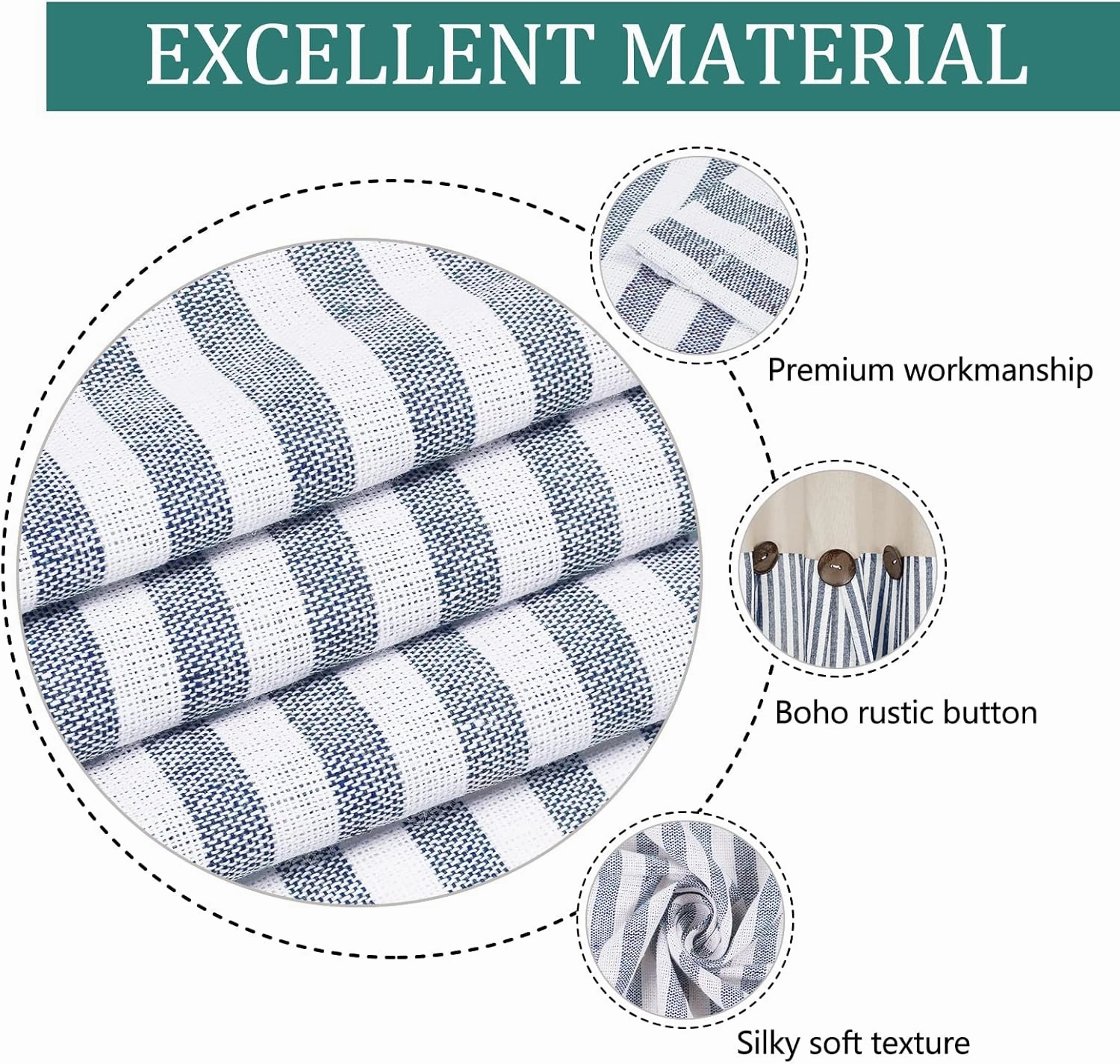 Farmhouse Cotton Linen Boho Curtains - Rustic Button Boho Style, Blue Stripe Color Block for Bedroom & Living Room (52 x 63 Inch, 2 Panels)