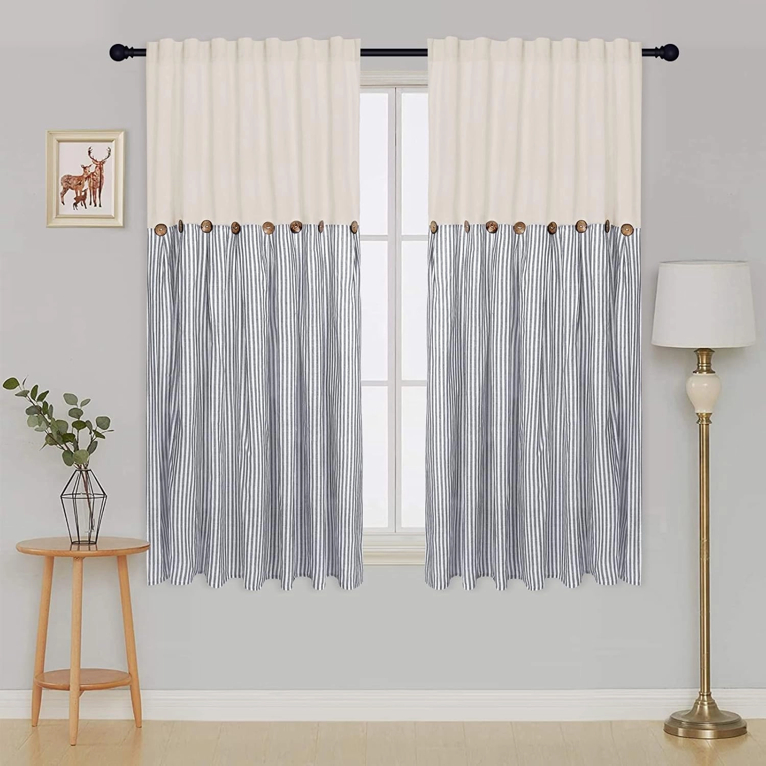 Farmhouse Cotton Linen Boho Curtains - Rustic Button Boho Style, Blue Stripe Color Block for Bedroom & Living Room (52 x 63 Inch, 2 Panels)