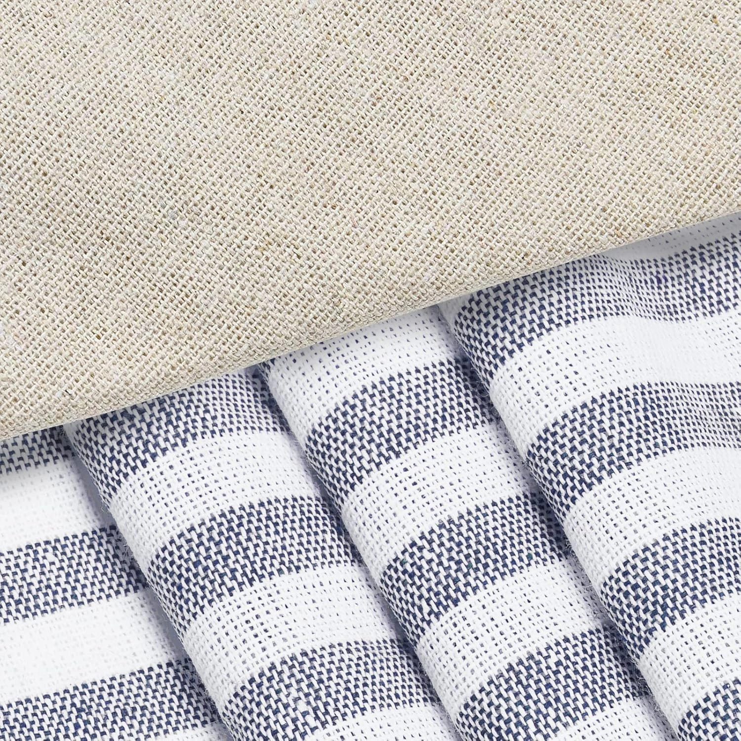 Farmhouse Cotton Linen Boho Curtains - Rustic Button Boho Style, Blue Stripe Color Block for Bedroom & Living Room (52 x 63 Inch, 2 Panels)