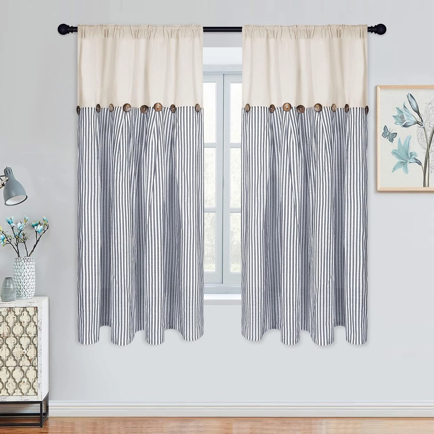 Farmhouse Cotton Linen Boho Curtains - Rustic Button Boho Style, Blue Stripe Color Block for Bedroom & Living Room (52 x 63 Inch, 2 Panels)