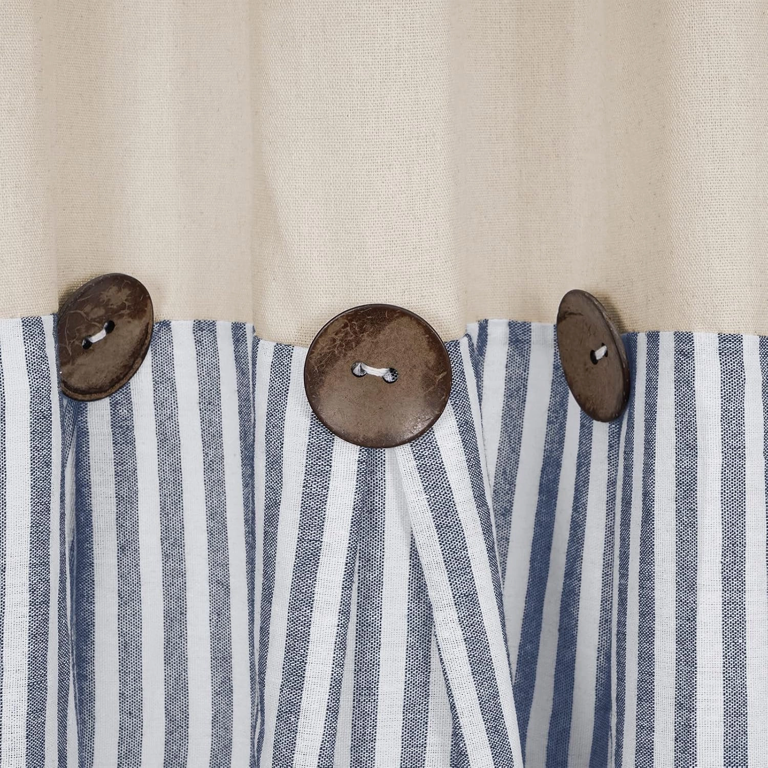 Farmhouse Cotton Linen Boho Curtains - Rustic Button Boho Style, Blue Stripe Color Block for Bedroom & Living Room (52 x 63 Inch, 2 Panels)