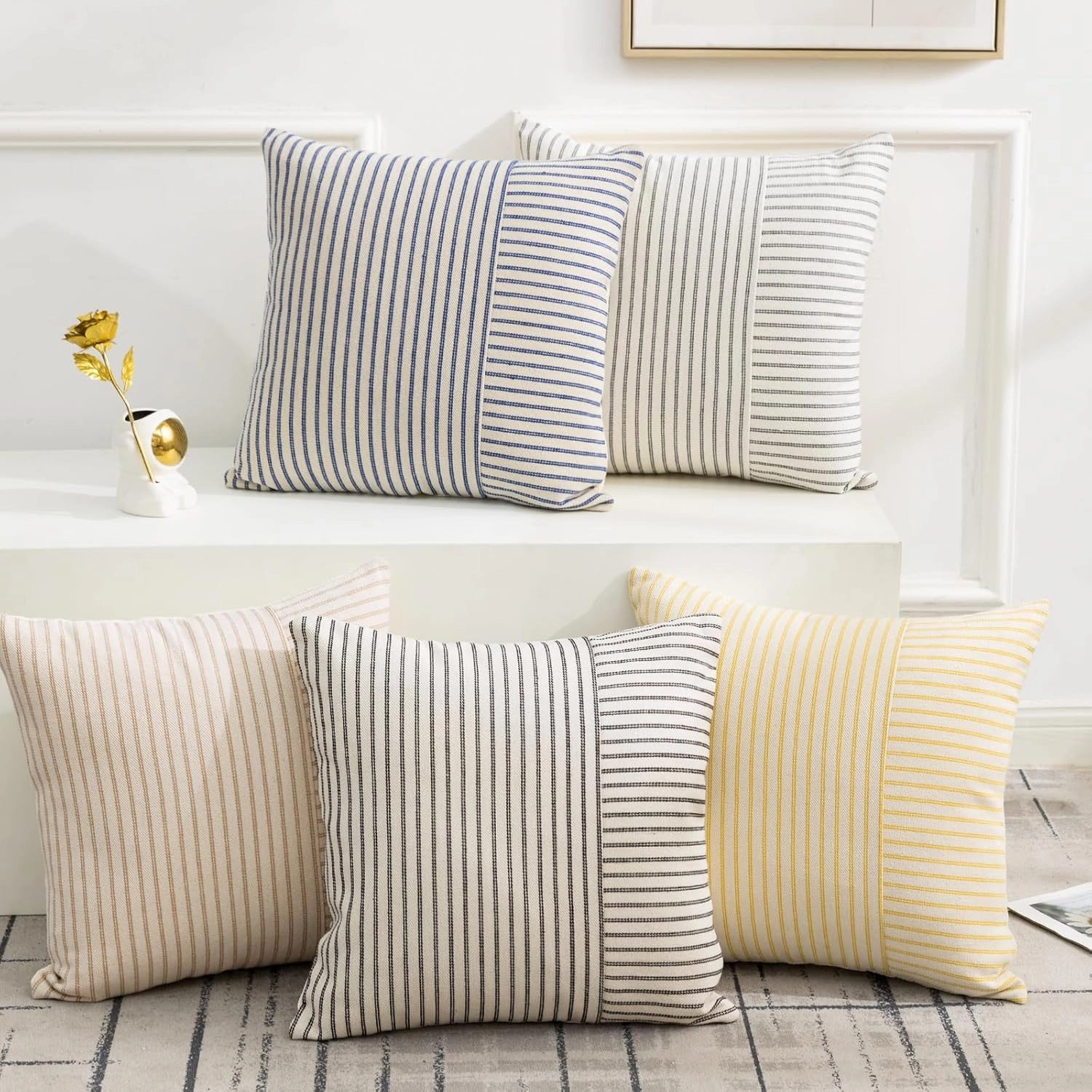 Farmhouse Pillow Covers 20x20, Modern Accent Square Throw Pillow Covers Set of 2, Khaki and Beige Striped Patchwork Linen Decorative Pillows Cushion Covers for Couch Chair Bedroom Fall Decorations