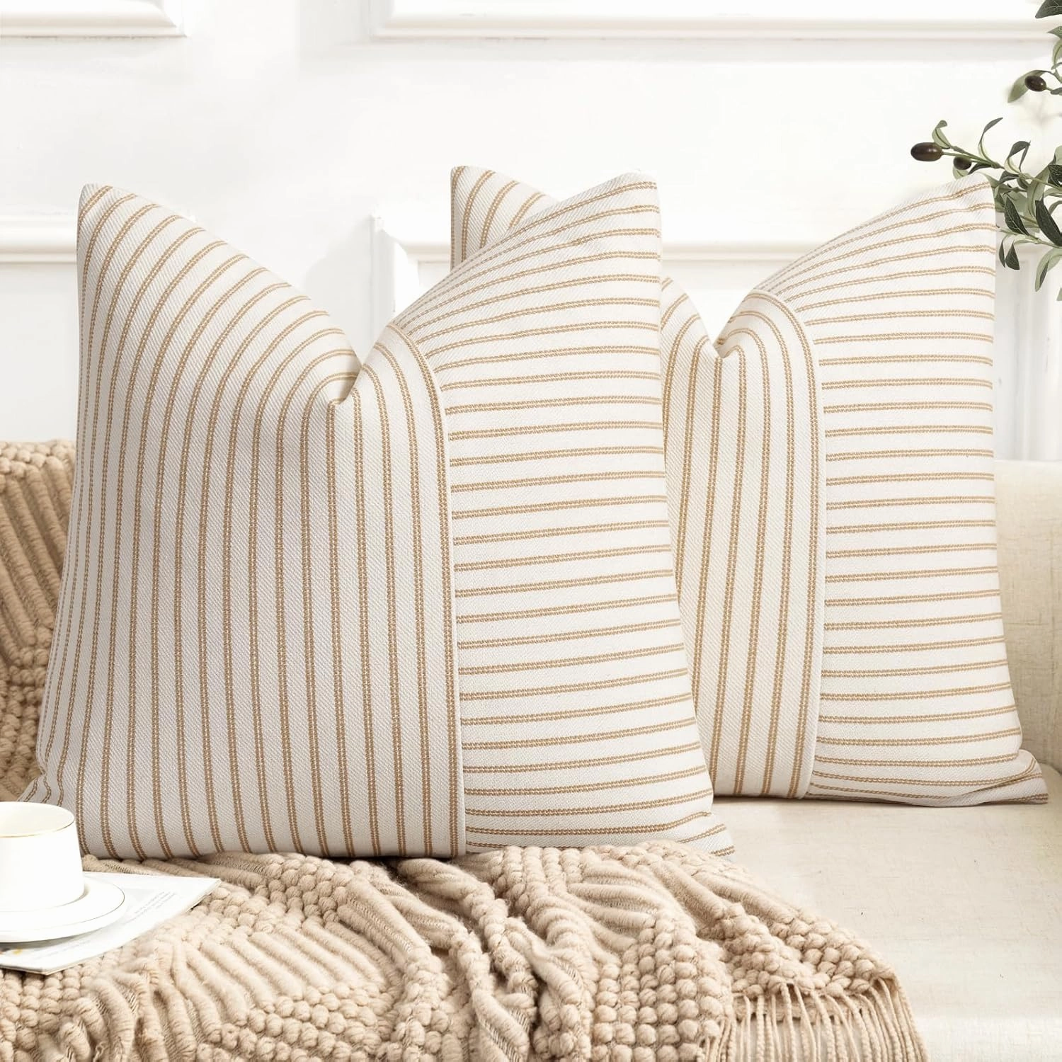 Farmhouse Pillow Covers 20x20, Modern Accent Square Throw Pillow Covers Set of 2, Khaki and Beige Striped Patchwork Linen Decorative Pillows Cushion Covers for Couch Chair Bedroom Fall Decorations