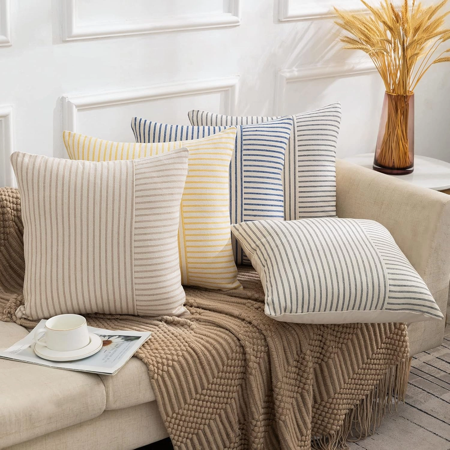 Farmhouse Pillow Covers 20x20, Modern Accent Square Throw Pillow Covers Set of 2, Khaki and Beige Striped Patchwork Linen Decorative Pillows Cushion Covers for Couch Chair Bedroom Fall Decorations