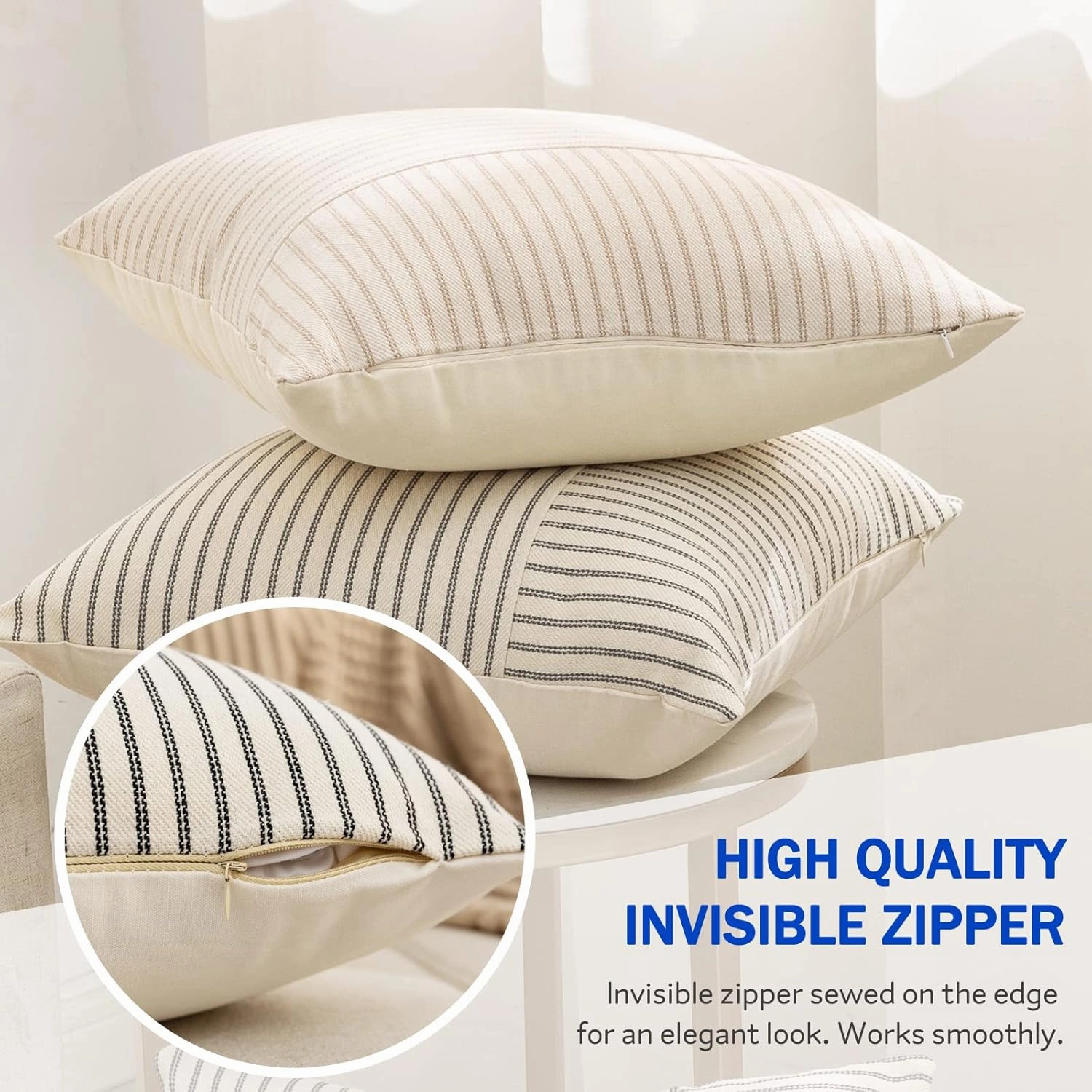 Farmhouse Pillow Covers 20x20, Modern Accent Square Throw Pillow Covers Set of 2, Khaki and Beige Striped Patchwork Linen Decorative Pillows Cushion Covers for Couch Chair Bedroom Fall Decorations
