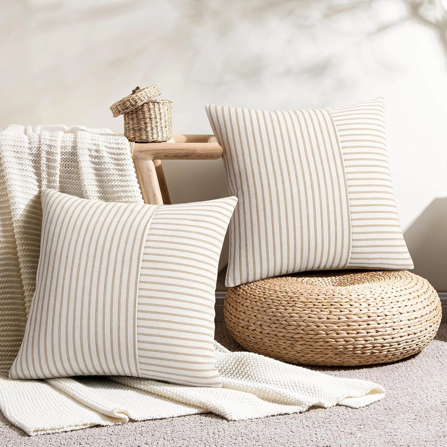 Farmhouse Pillow Covers 20x20, Modern Accent Square Throw Pillow Covers Set of 2, Khaki and Beige Striped Patchwork Linen Decorative Pillows Cushion Covers for Couch Chair Bedroom Fall Decorations