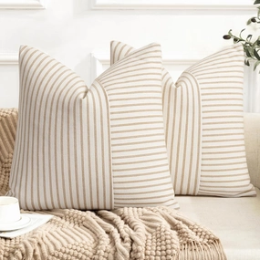 Farmhouse Pillow Covers 20x20, Modern Accent Square Throw Pillow Covers Set of 2, Khaki and Beige Striped Patchwork Linen Decorative Pillows Cushion Covers for Couch Chair Bedroom Fall Decorations