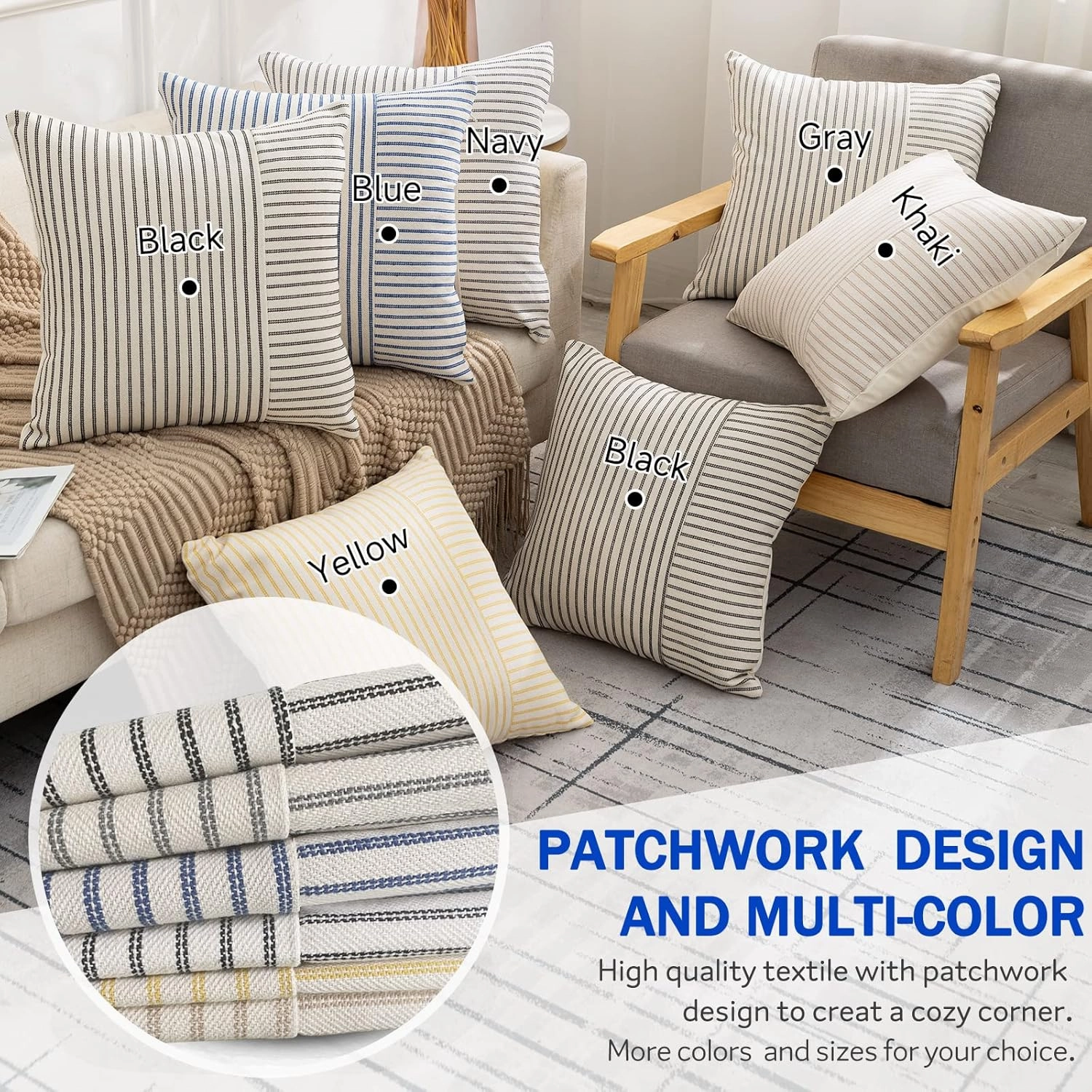 Farmhouse Pillow Covers 20x20, Modern Accent Square Throw Pillow Covers Set of 2, Khaki and Beige Striped Patchwork Linen Decorative Pillows Cushion Covers for Couch Chair Bedroom Fall Decorations