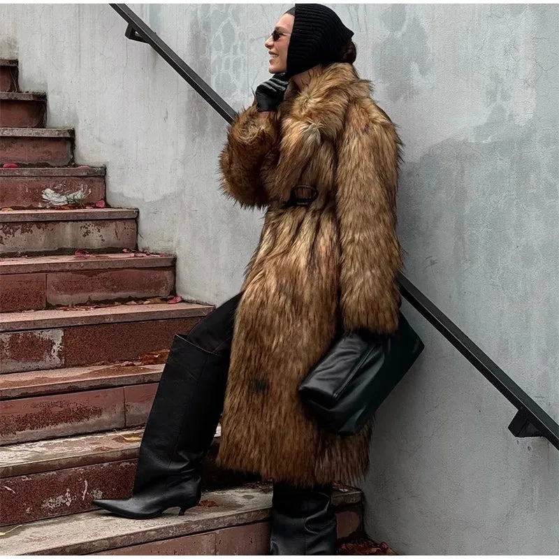 Faux Fur Lapel Fluffy Plush Warm Coat