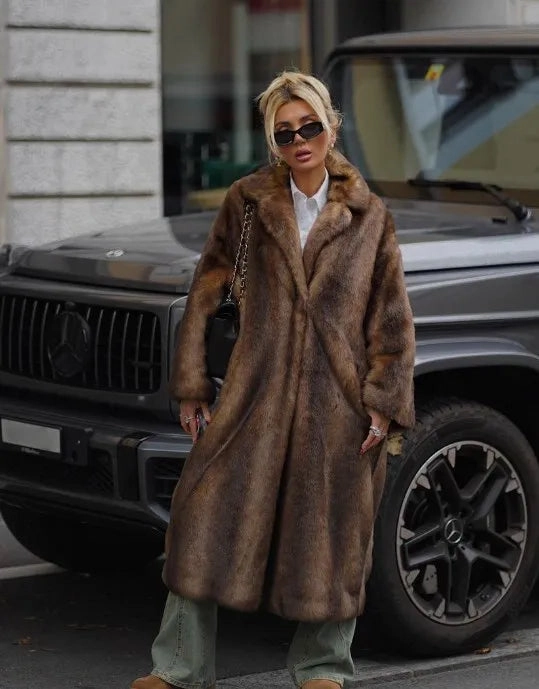 Faux Fur Lapel Fluffy Plush Warm Coat