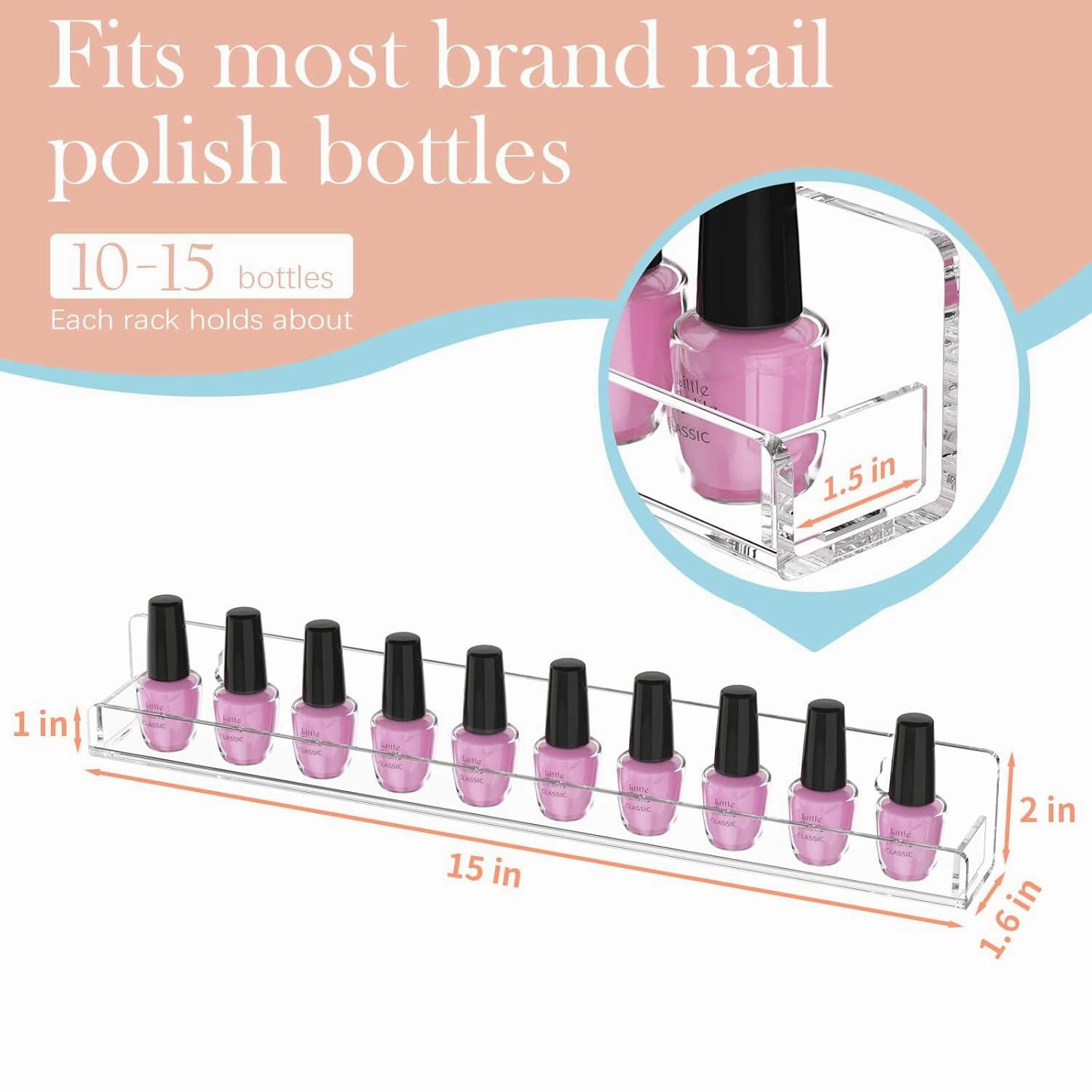 FEMELI Nail Polish Wall Rack: 6 Shelves 15 Inch Clear Acrylic Nail Polish Organizer for 66-90 Bottles Multi-Purpose Acrylic Floating Shelves (15 Inch, Clear)