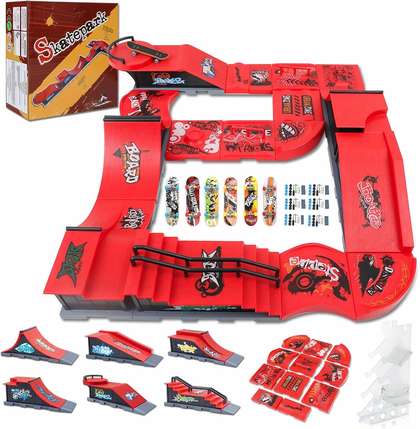 Finger Skateboard Park Ramp Set, 6 in 1 Plus 11 Mini Finger Skatepark for Fingerboards, Finer Skateboard Ramps Toys for Finger Dexterity Training
