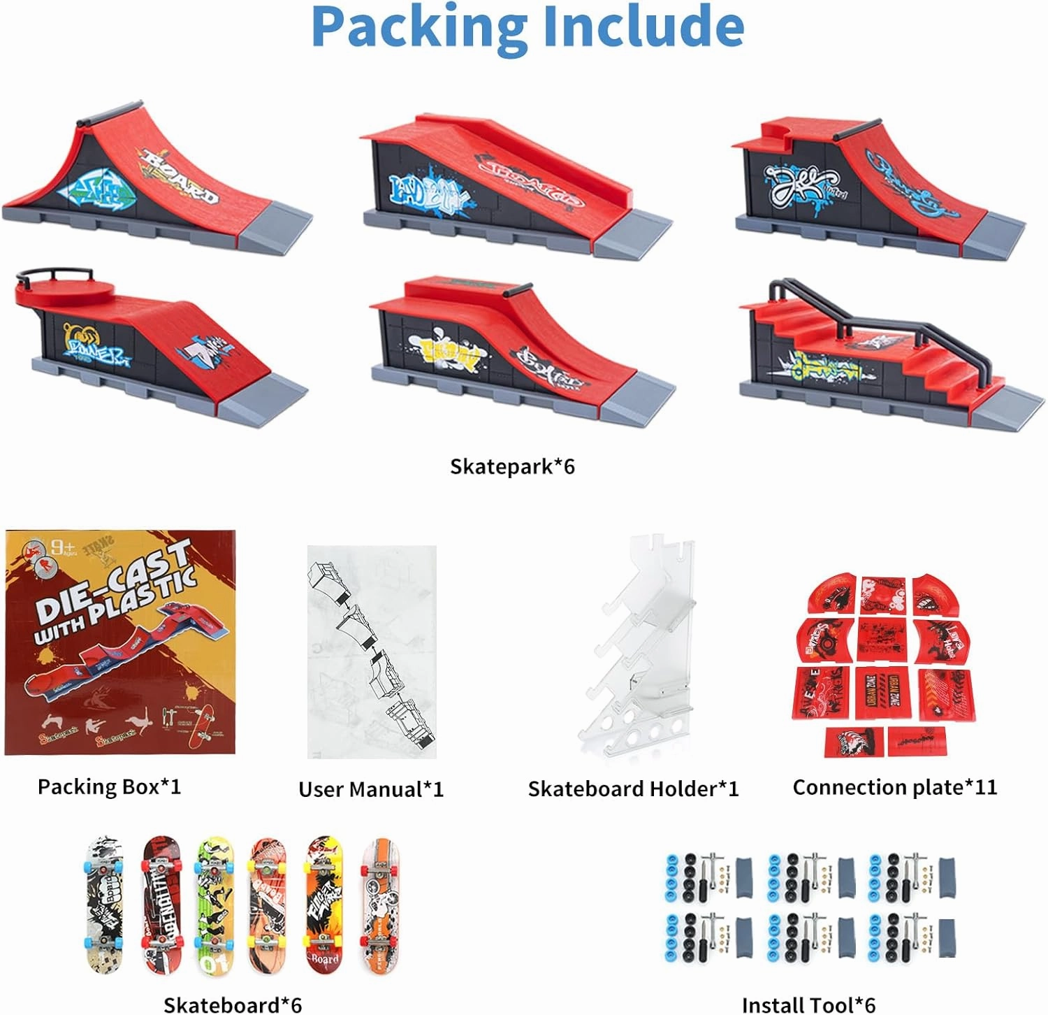 Finger Skateboard Park Ramp Set, 6 in 1 Plus 11 Mini Finger Skatepark for Fingerboards, Finer Skateboard Ramps Toys for Finger Dexterity Training
