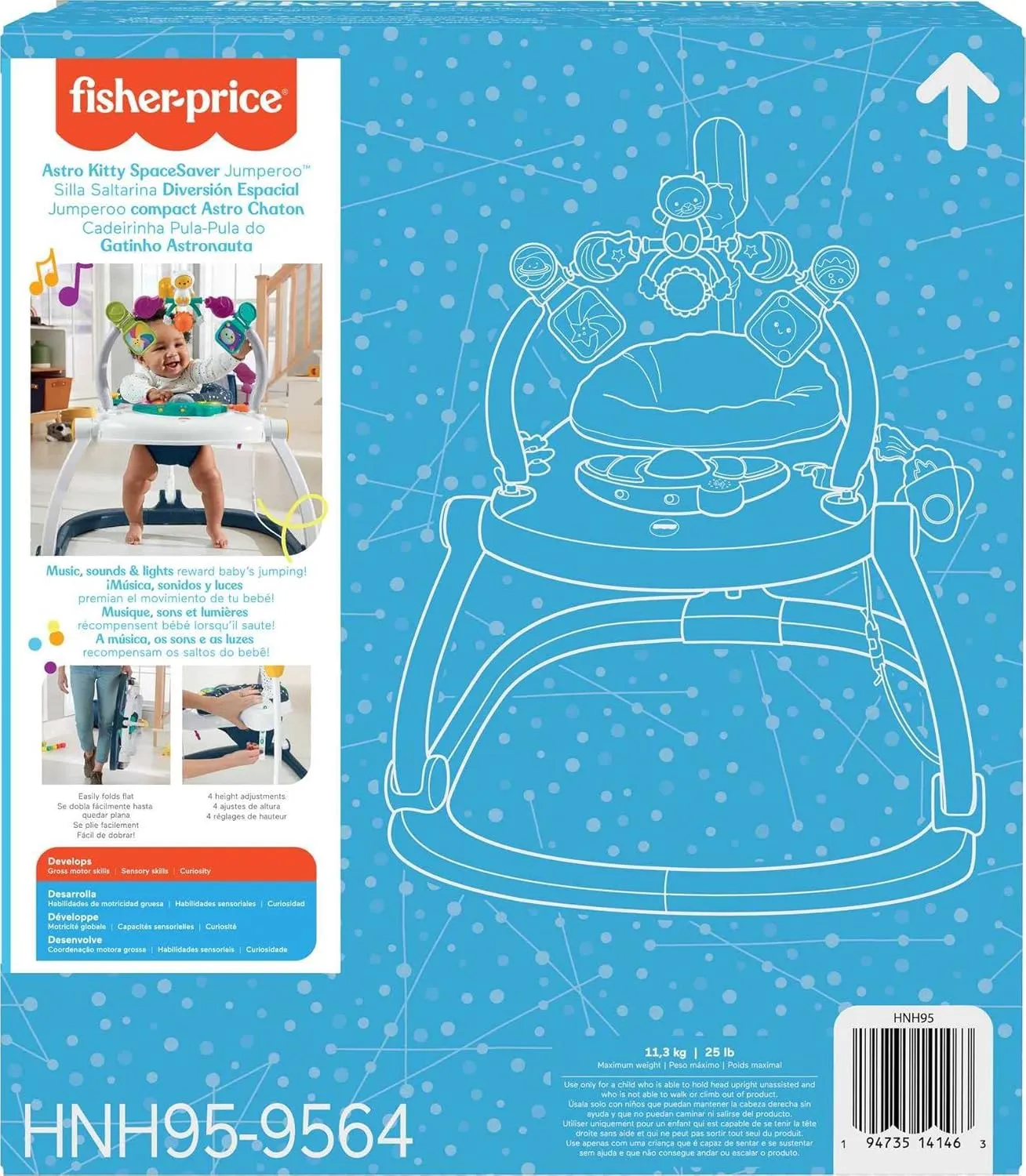 Fisher-Price Baby Bouncer SpaceSaver Jumperoo Musical Activity Center with Lights Sounds & Developmental Toys, Astro Kitty