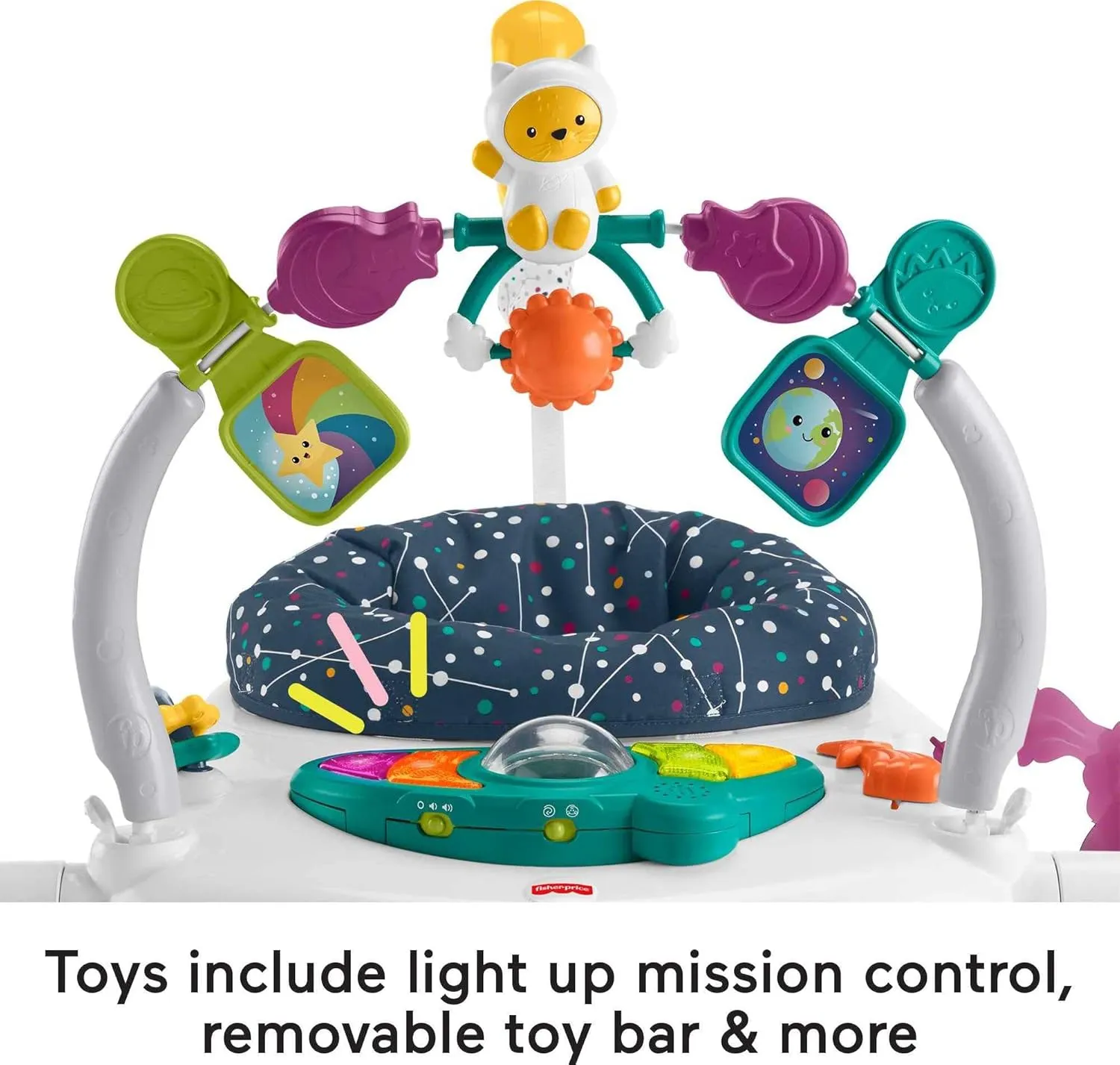 Fisher-Price Baby Bouncer SpaceSaver Jumperoo Musical Activity Center with Lights Sounds & Developmental Toys, Astro Kitty