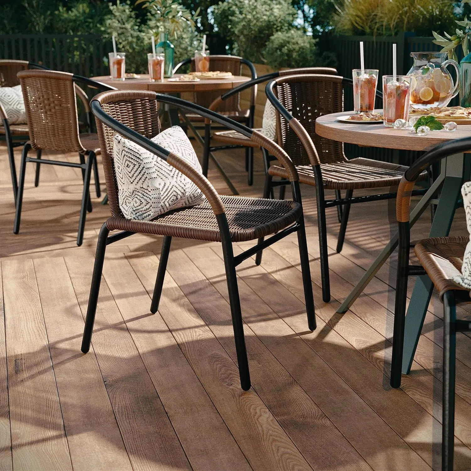 Flash Furniture Lila Modern Rattan Indoor/Outdoor Stackable Dining Chairs, Stacking Rattan Bistro Chairs for Patio or Restaurant, Set of 4, Brown