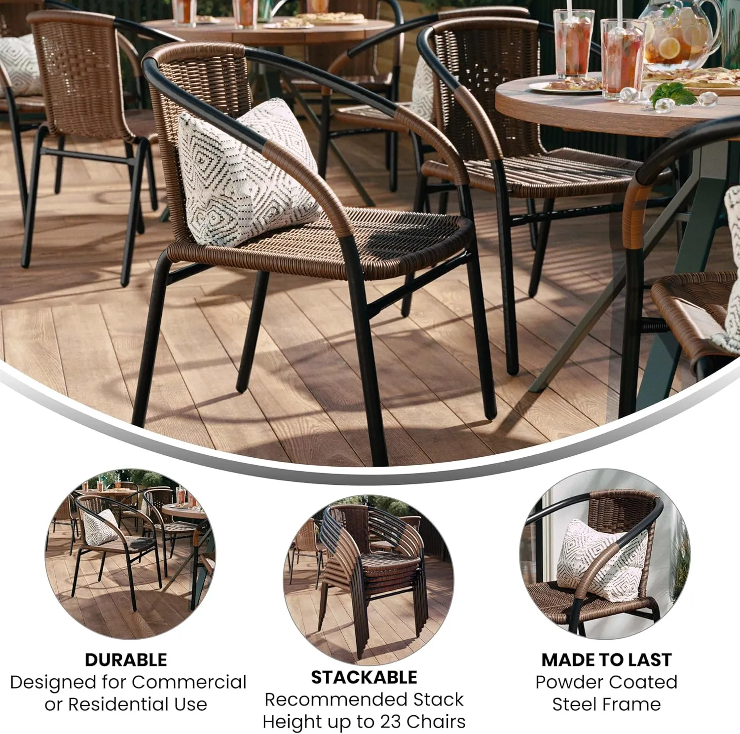 Flash Furniture Lila Modern Rattan Indoor/Outdoor Stackable Dining Chairs, Stacking Rattan Bistro Chairs for Patio or Restaurant, Set of 4, Brown
