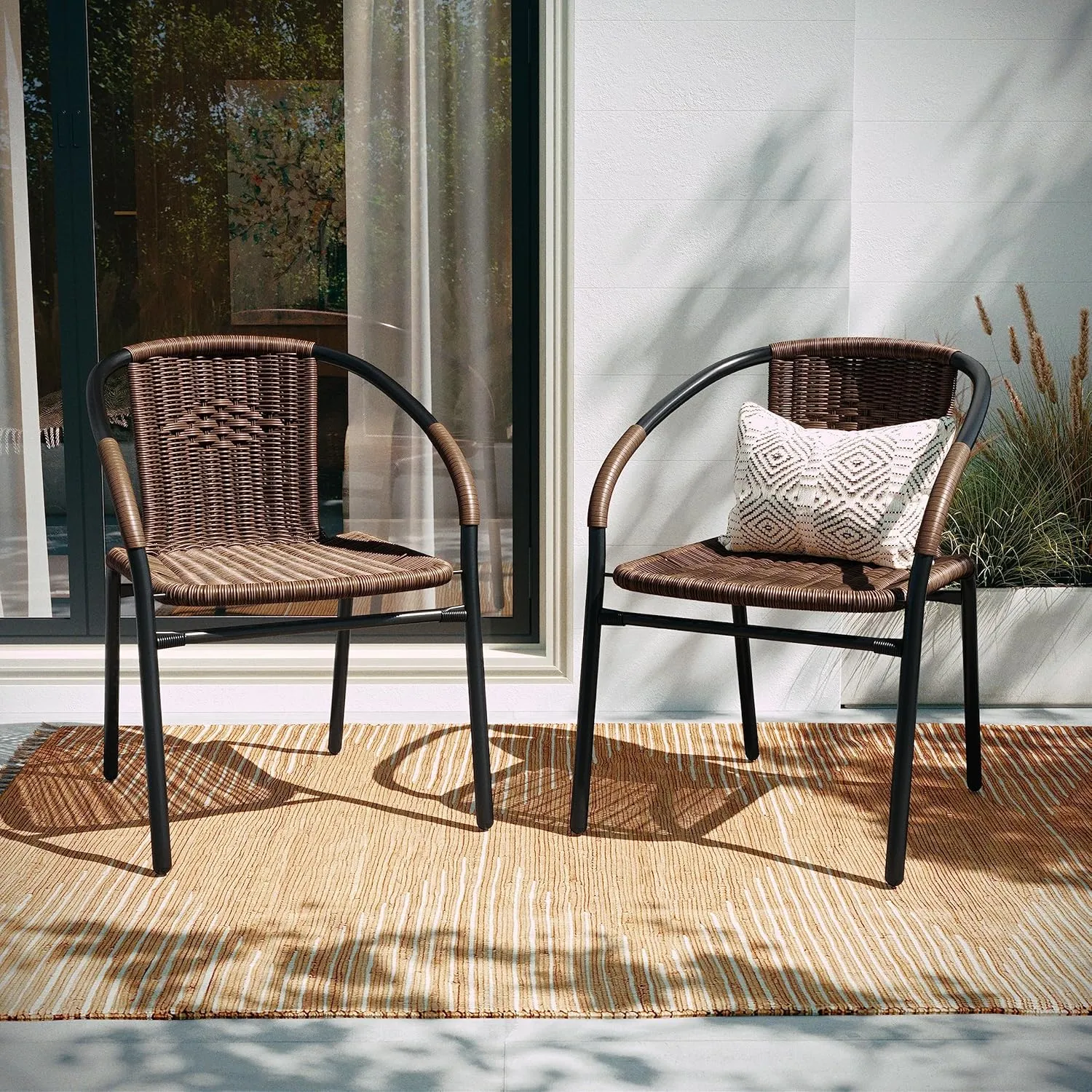 Flash Furniture Lila Modern Rattan Indoor/Outdoor Stackable Dining Chairs, Stacking Rattan Bistro Chairs for Patio or Restaurant, Set of 4, Brown
