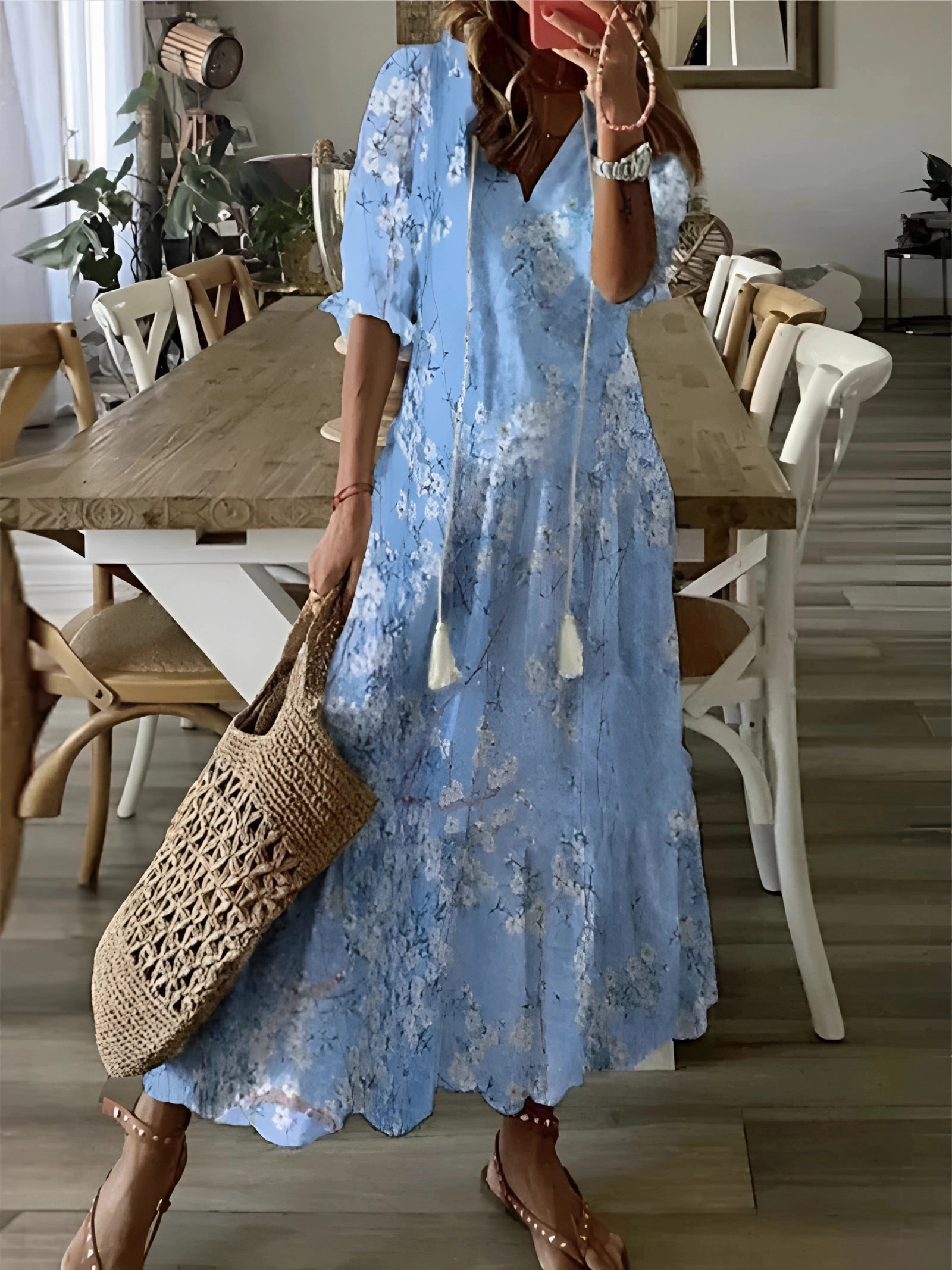 Floral Chiffon Maxi Dress | Lightweight V-Neck Summer Wear