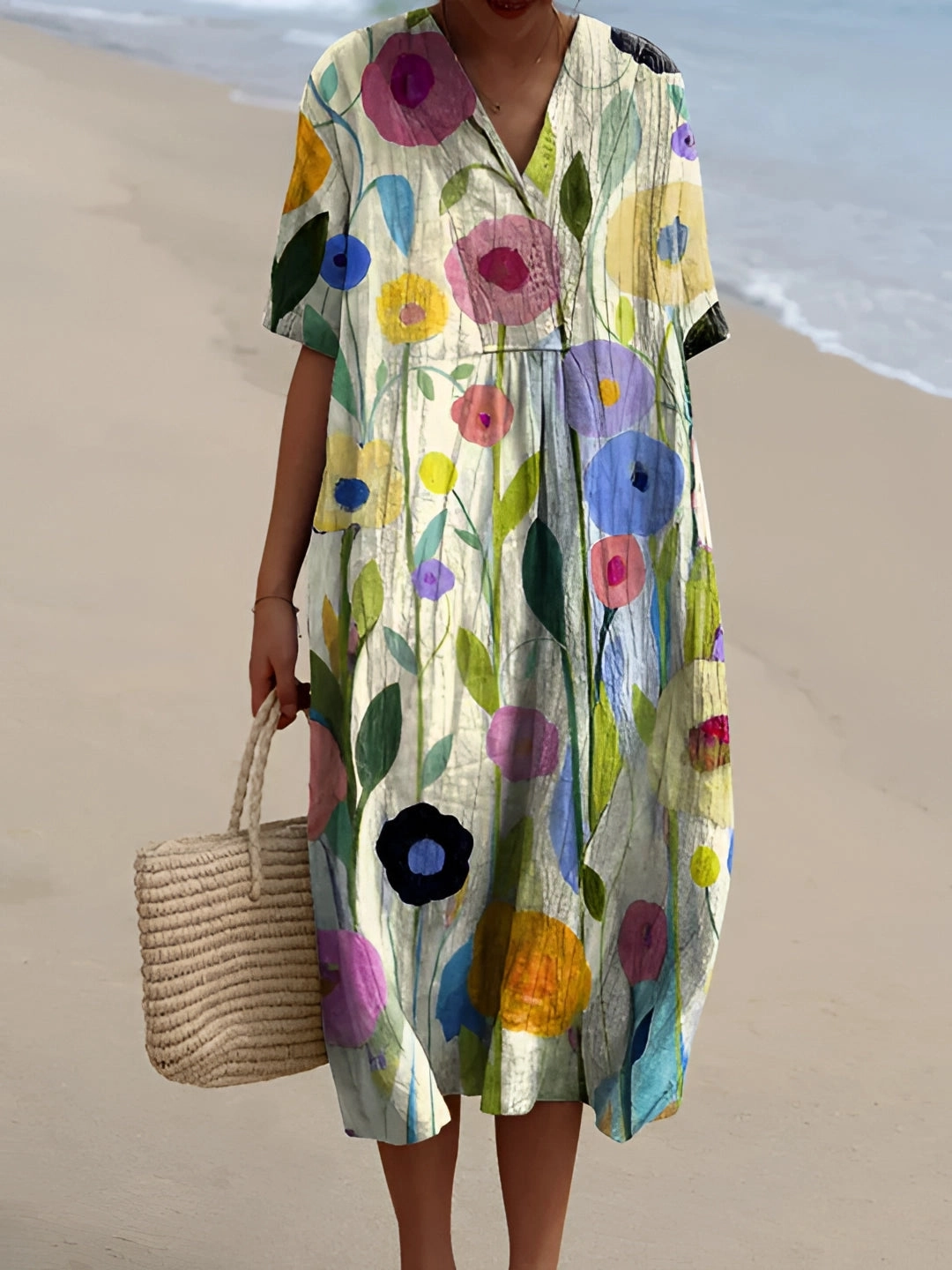 Floral V-Neck Beach Dress - Lightweight, Comfortable, Oversized Summer Wear