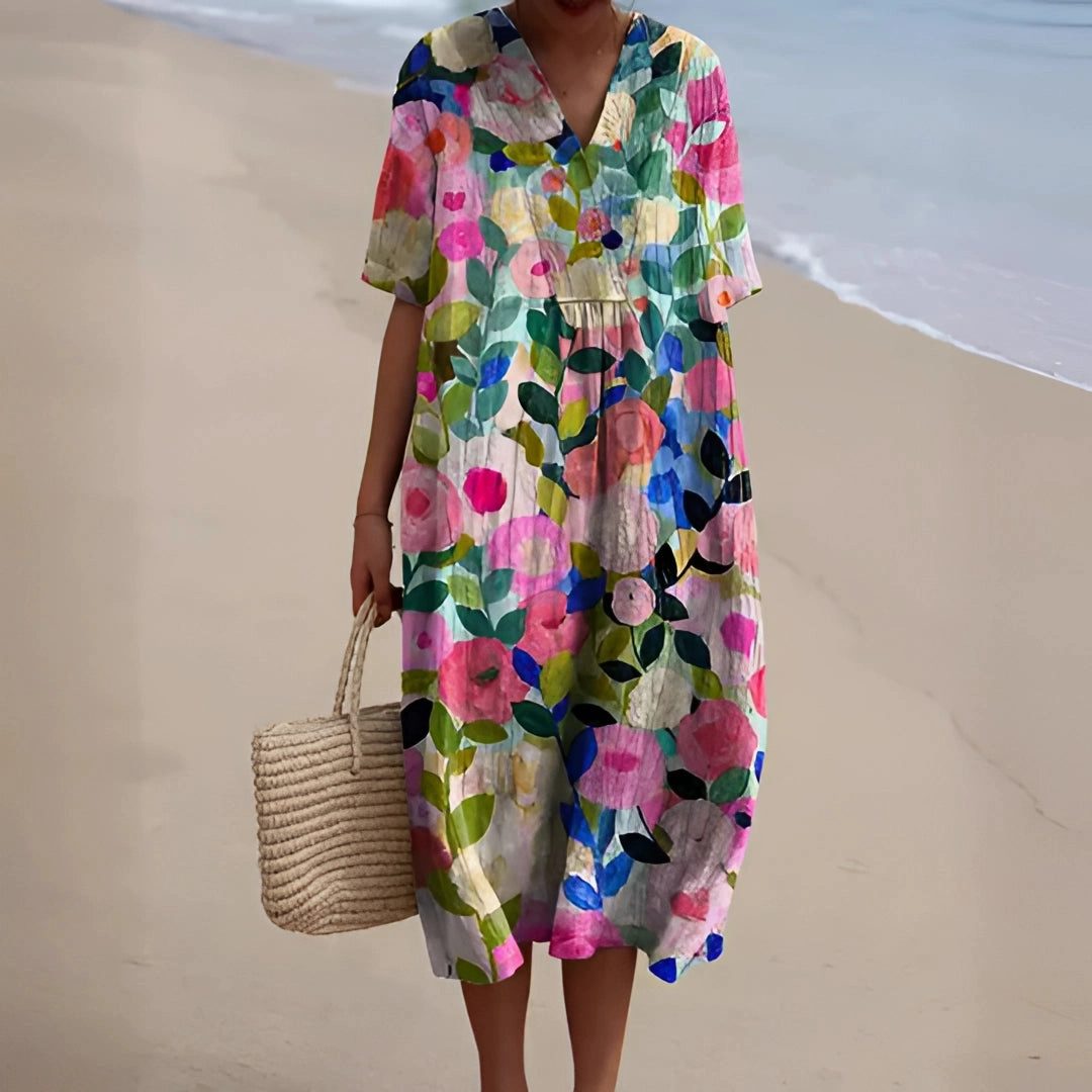 Floral V-Neck Beach Dress - Lightweight, Comfortable, Oversized Summer Wear