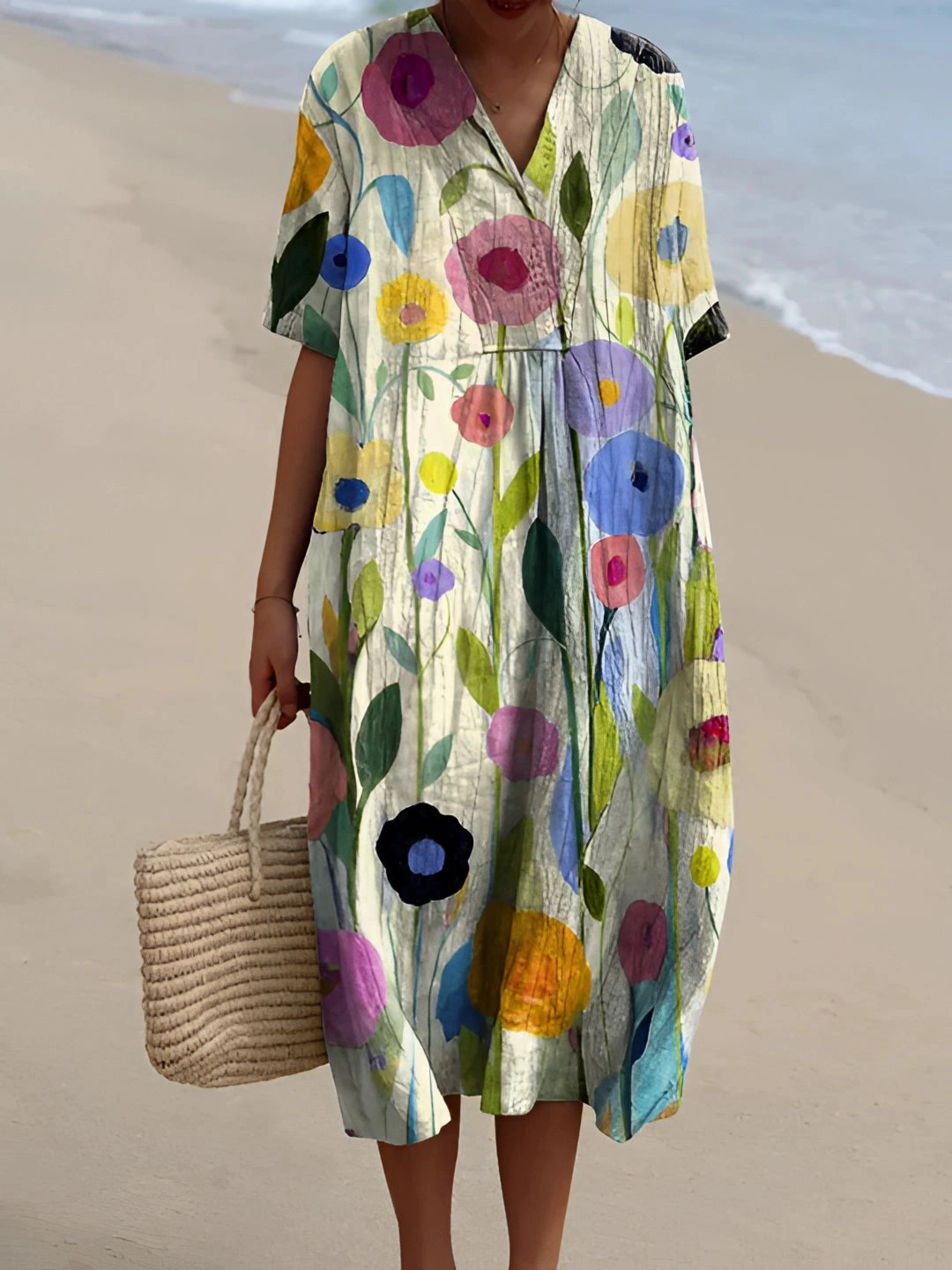 Floral V-Neck Beach Dress - Lightweight, Comfortable, Oversized Summer Wear
