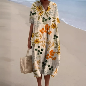Floral V-Neck Beach Dress - Lightweight, Comfortable, Oversized Summer Wear