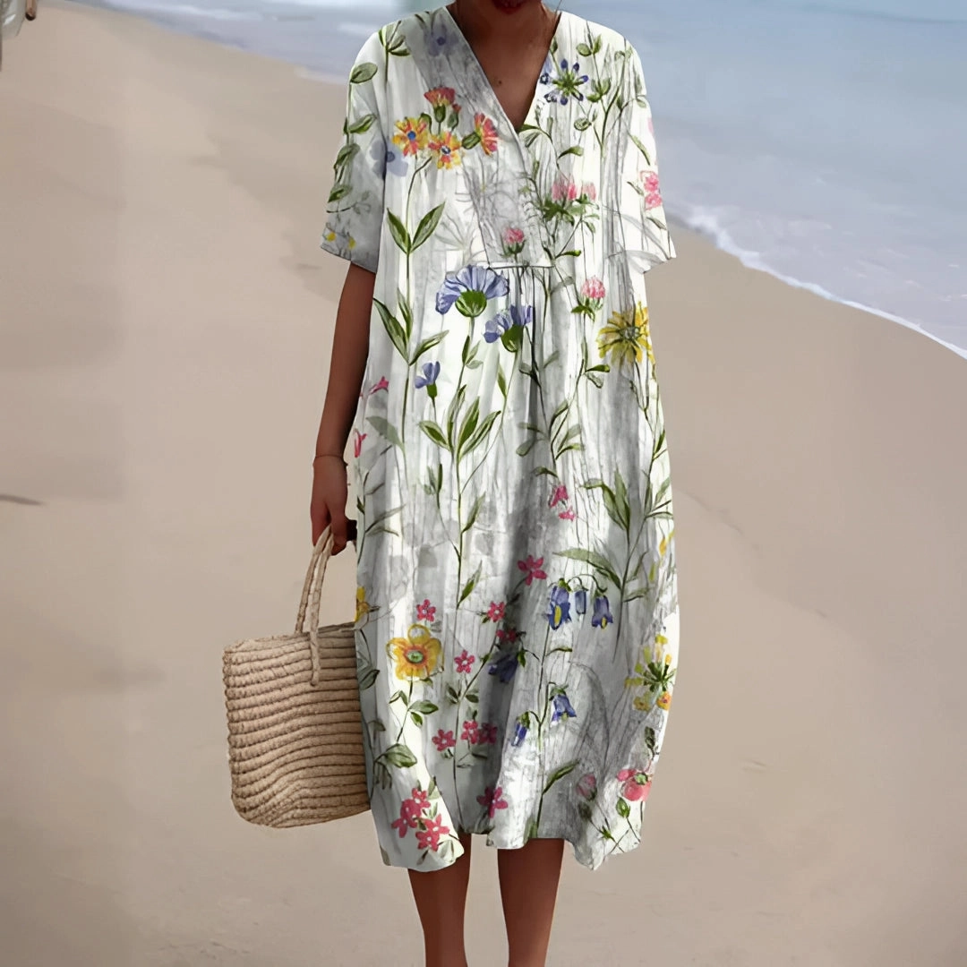 Floral V-Neck Beach Dress - Lightweight, Comfortable, Oversized Summer Wear