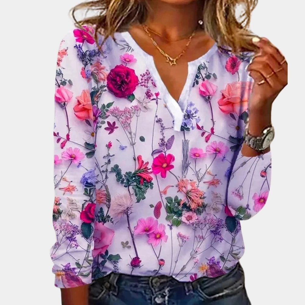 Floral V-Neck Blouse - Lightweight Long Sleeve Chiffon Top