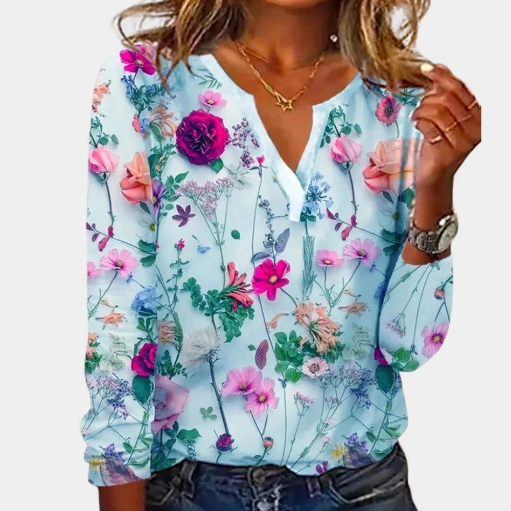 Floral V-Neck Blouse - Lightweight Long Sleeve Chiffon Top
