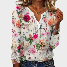 Floral V-Neck Blouse - Lightweight Long Sleeve Chiffon Top