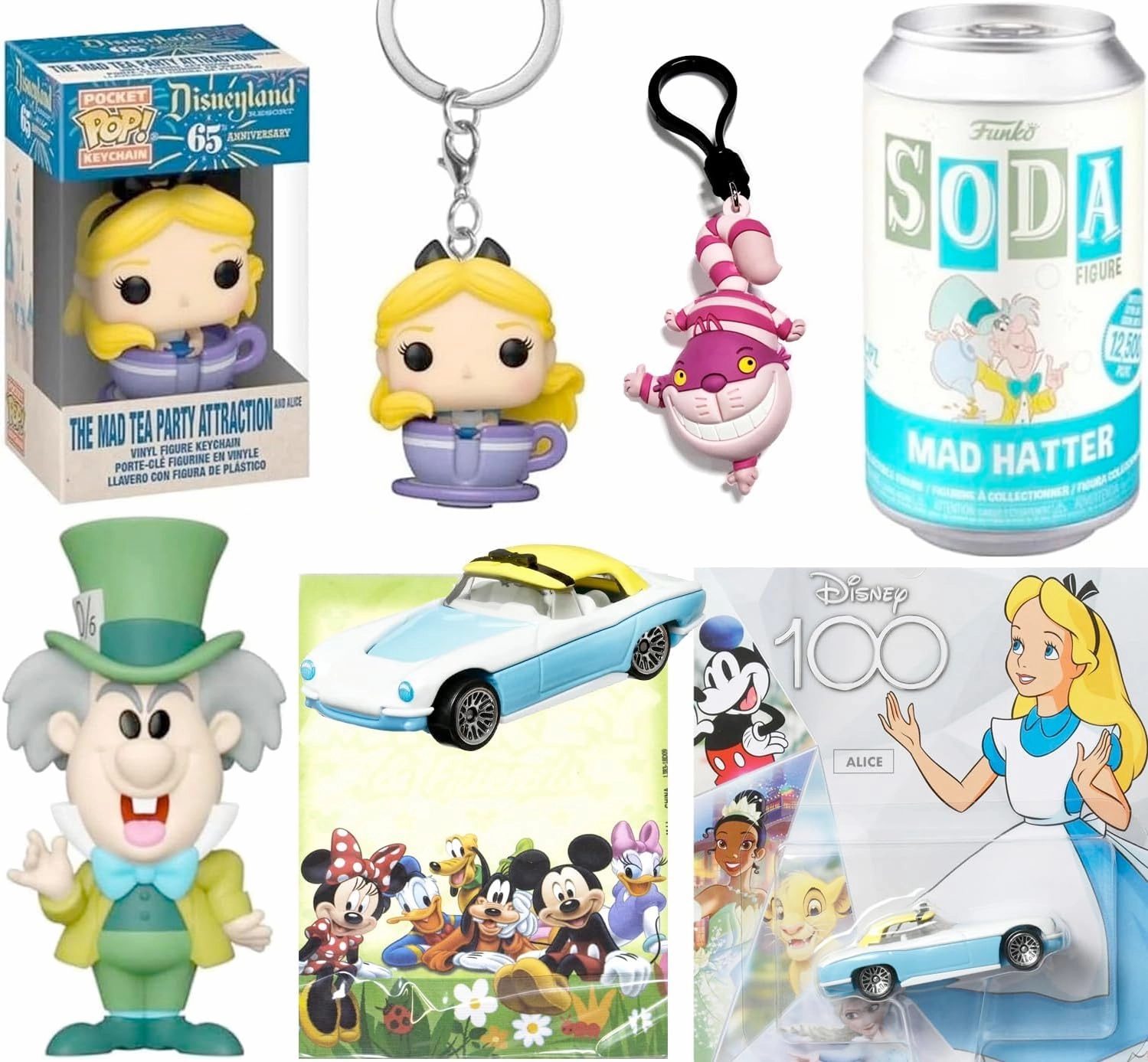 Flower Figure Alice in Wonderland Disney Bundled with Mad Tea Party Mini Ride Pop! Hanger   Mad Hatter SODA   Cheshire Cat   HW Character 100 Car 4-Items