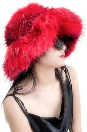 Fluffy Fur Bucket Hat for Women Fuzzy Winter Warm Faux Fur Wrap Hat Russian Cossack Style Fur Bucket Hat