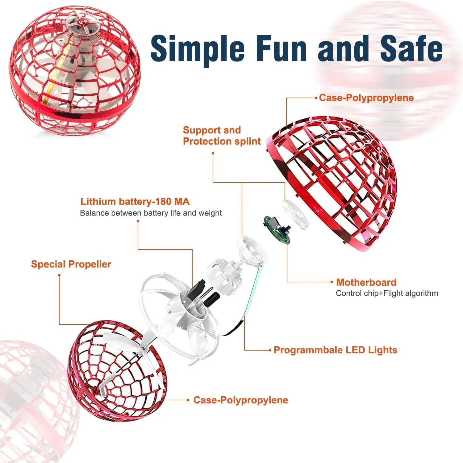 Flying Orb Ball Toy 2024: Cosmic Globe Galaxy Ball with Led Lights, Boomerang Hover Orb, Galactic Flying Spinner, Hand Mini Drone Ball, Cool Kids Toys for Boys Age 6 7 8 9 10 11 12 Girls Gifts, Red
