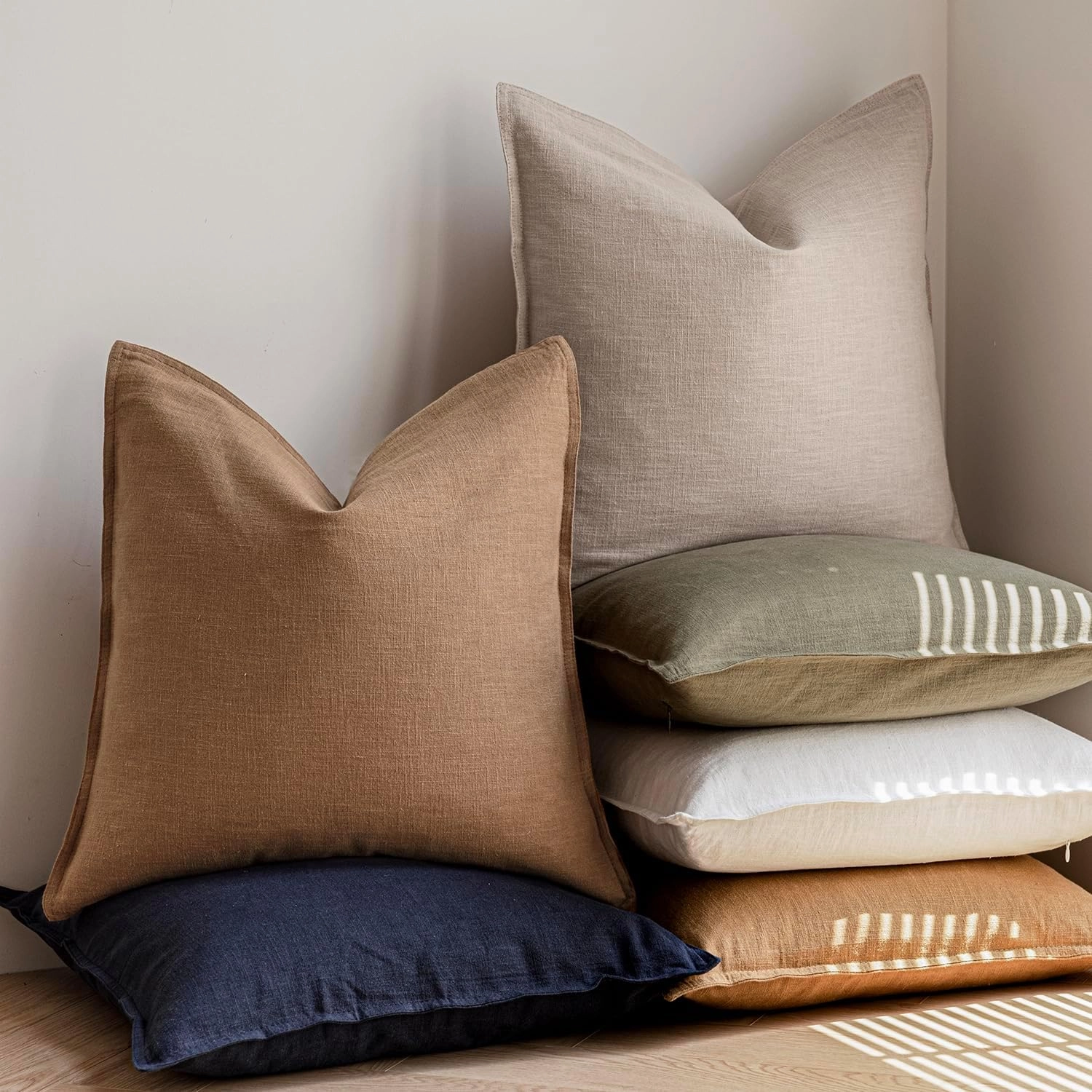Foindtower Pack of 2, Decorative Linen Soild Throw Pillow Covers Soft Accent Cushion Case Boho Farmhouse Pillowcase for Chair Couch Sofa Bedroom Living Room Home Decor 20 x 20 Inch Light Khaki Brown
